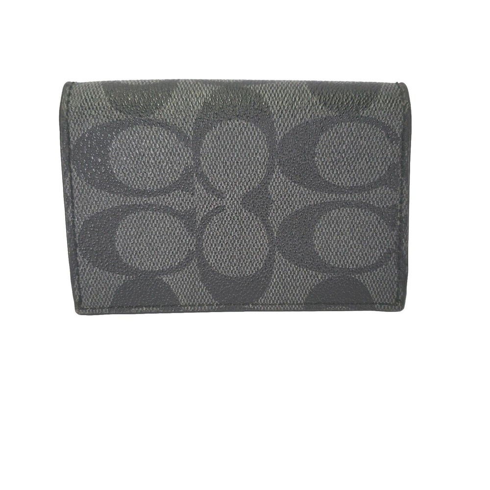 Coach Men's Black Gray Leather Small Bifold Wallet Card Holder Compact Unisex - Picture 1 of 9